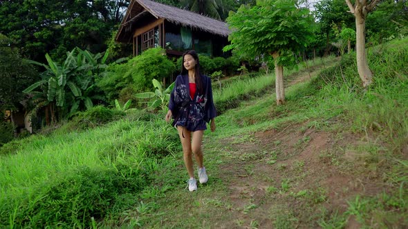 Cute Smiling Asian Girl in Kimono Walking Golden Hour in Slow Motion Thailand alt