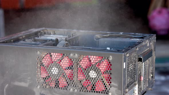 Dust Blowing of Black Atx Persolnal Computer Case Closeup with Slow Motion