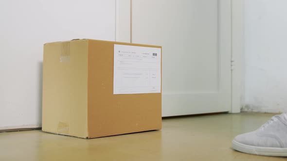 Delivery Girl in Gloves Leaving Parcel Box at Door alt