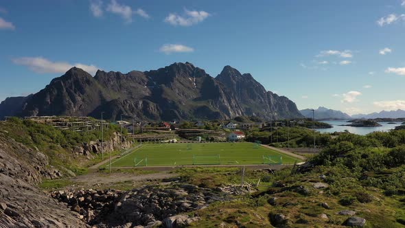 Norway Lofoten Football Field Stadium in Henningsvaer From Above alt
