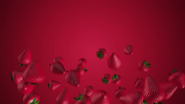 THE MOVEMENT of fresh strawberries falling on a red background.