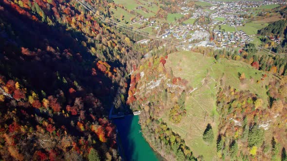Drone Flight Over Klammsee Reservoir And Landscape In Autumn alt