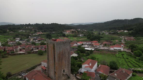 Monção, Medieval Tower of Lapela Aerial View. River Minho, Portugal alt
