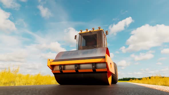 A big roller compacting asphalt on the road. Heavy machine going on hot asphalt. alt