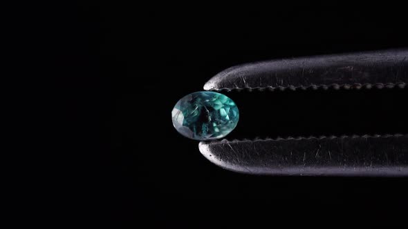 Natural Oval Alexandrite in the Tweezers on the Black Background