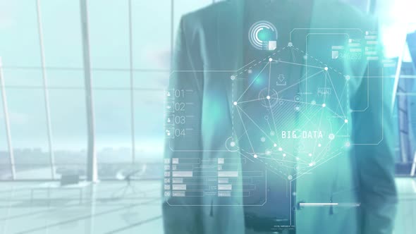 Infographics On The Topic Of Big Data On The Background Of A Person 4K alt