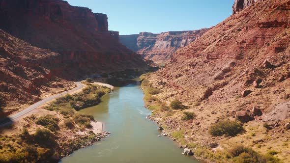 Aerial shot of the Colorado River as is passes thought Utah alt
