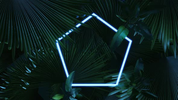 Blue Pentagon Neon Light Covered With Tropical Leaves