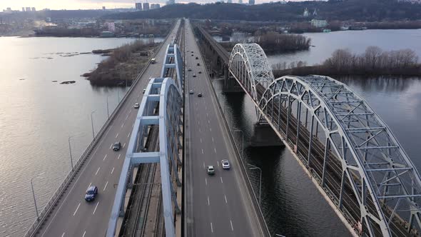 Flying by Darnitskiy Bridge in Kyiv at the Winter Without Snow
