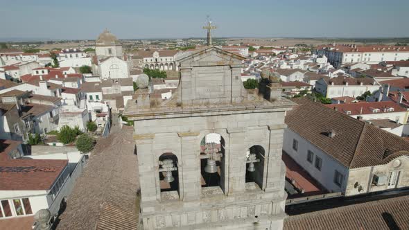 Panoramic aerial view with close-up of the cathedral bells. Evora. Portugal