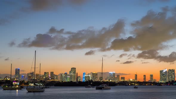 Time Lapse of Miami Downtown Skyscrapers with City Lights in the Evening, View From Miami Beach alt