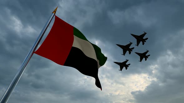 Waving UAE Flag and Grouped Warplanes alt
