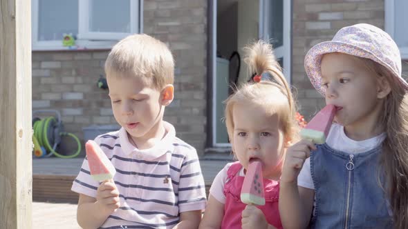 Three Happy Little Children Enjoys Delicious Ice Cream Cone
