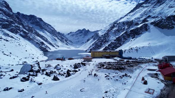 Ski station center at Andes Mountains. Snow winterness scenery. alt