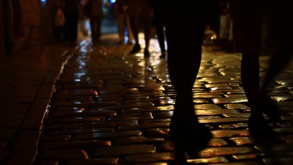 Night Street with Shiny Pavement and People