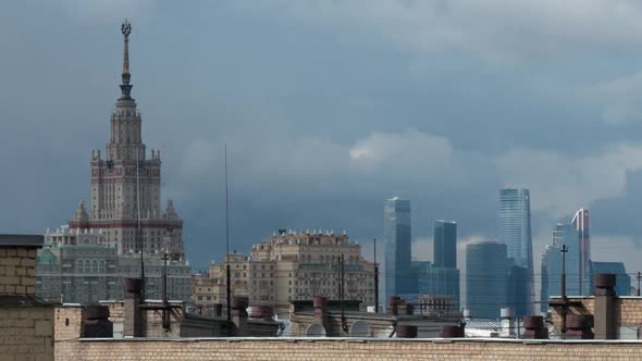  Timelapse of Clouds Over Moscow. Cityscape with State University and Modern Skyscrapers alt
