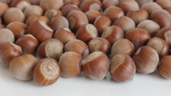 Whole hazelnuts on white background 4K 2160p 30fps UltraHD tilting footage - Corylus avellana nuts c alt