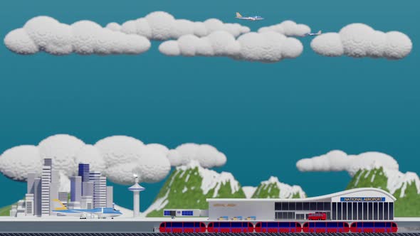 3d Render Mini Cartoon Aeroport with Flying Planes and Various Moving Vehicles