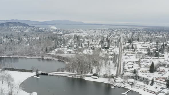 Bellingham Washington Snowy Winter Day Drone Aerial Snow Covered City Landscape Overview alt