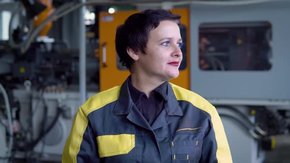 Portrait Of Female Engineer Operating CNC Machinery In Factory