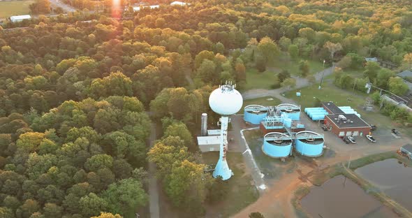 Aerial panoramic view of modern urban wastewater treatment plant water purification alt
