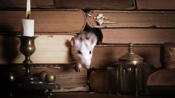 Cute Gray Rat Runs Among Old Books on The Table