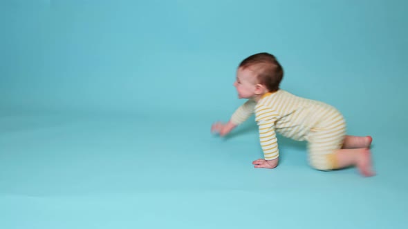 Happy toddler baby boy crawls on studio blue background. Smiling baby crawling fast on the floor
