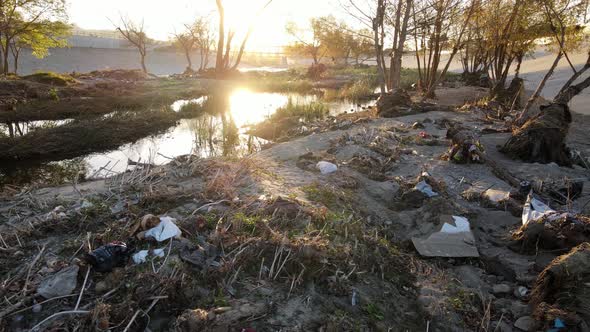 Aerial shot of trash In Los Angeles River alt