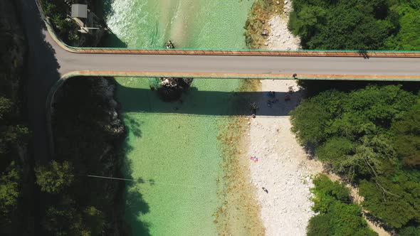 Drone Flight Over Soca River And Bridge alt