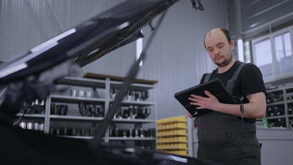 Man Mechanic at the Hood of a Car with a Tablet Diagnoses All Systems and Searches for Malfunctions alt