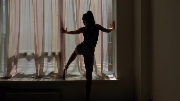 The Silhouette of a Sexy Woman in Striptease Shoes Who Dances Near a Window alt