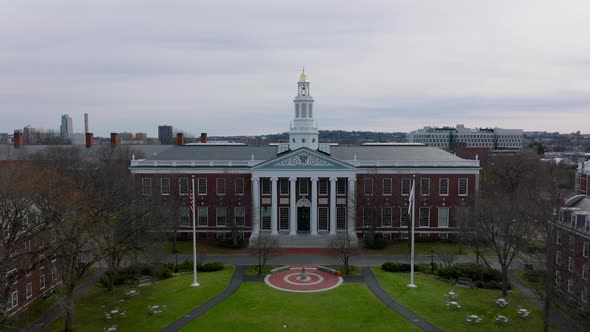 Dolly Shot of Bloomberg Centre Historic Red Brick Building with Columns and Decorative Entrance alt