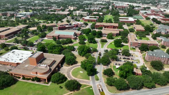 Wide aerial view of Baylor University campus in Waco Texas. Large Christian Baptist college in TX US alt