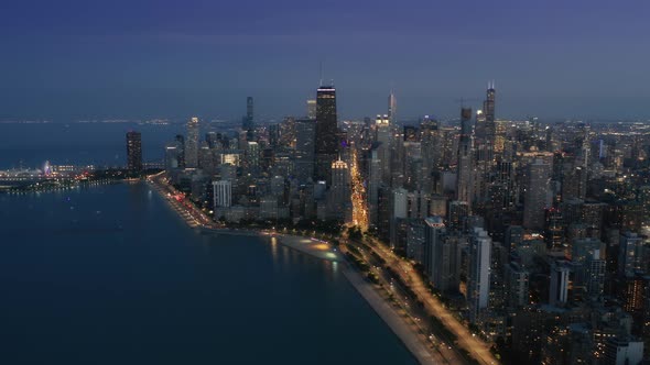 USA Illinois Night Purple Sky Establishing Aerial View Chicago Downtown alt