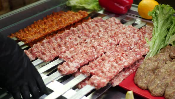 Cook Hands Put on Fresh Raw Minced Meat for Cooking