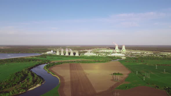 Aerial view of Industrial zone with power station atomic energy production alt