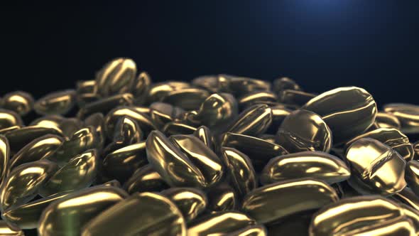 3D animation of golden coffee beans on a black background