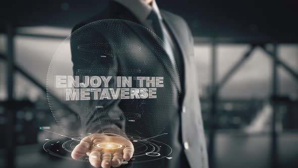 Businessman with Enjoy In The Metaverse Hologram Concept alt