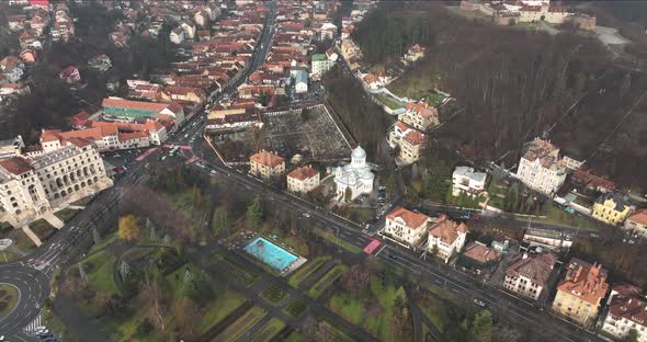 Brasov Romania Aerial Drone View of the Orthodox and Lutheran Church