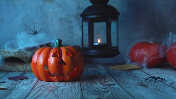 Halloween Celebration Scene with Jack Pumpkin and Swinging Lantern alt