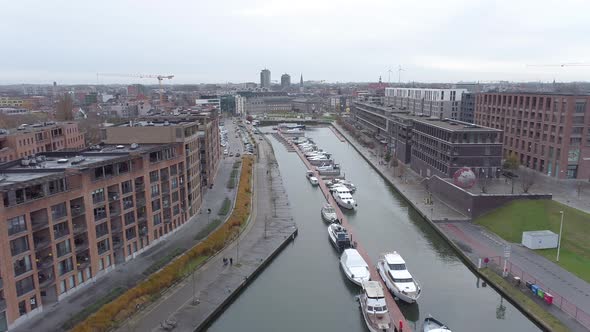 Hasselt City Kanaalkom Aerial, Cloudy Day, Forward Drone Flight. alt
