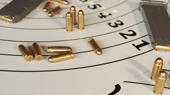 Gun and ammo on the shooting target. 9mm pistol with bullets and magazines. alt