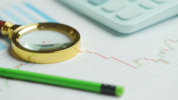 Documents with Magnifying Glass and Calculator alt