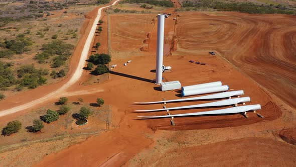 Wind turbine layout during construction phase.  Wind turbine partially constructed.  Wind turbine co alt