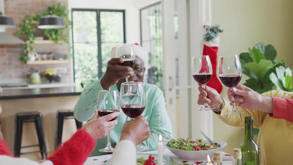 Happy group of diverse senior friends celebrating meal, toasting with vine at christmas time alt