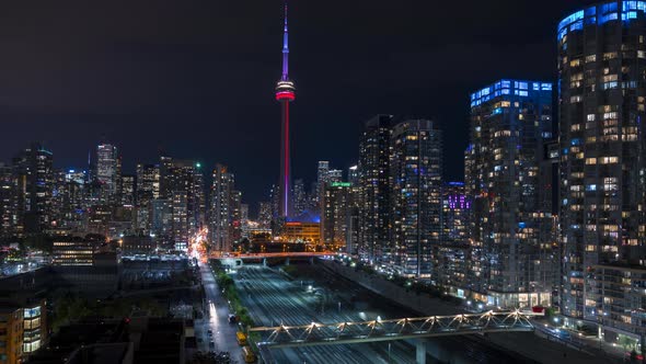 City Skyline Toronto Night Traffic and Trains