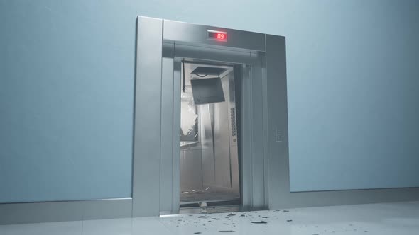 Animation of the modern ruined elevator with a broken mirror.Danger zone.4K HD alt