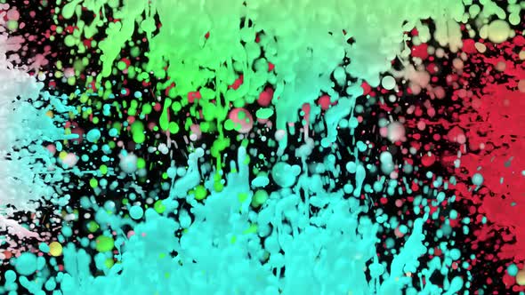 Colored Drops of Milk Splatter From Different Sides of Screen Against Black Background alt