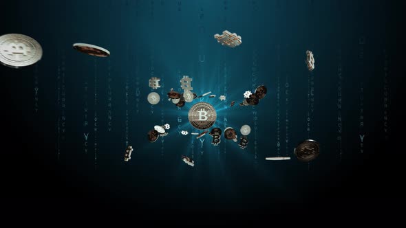 Set 3-2 BITCOIN Cryptocurrency Background with Flying Coins 4K