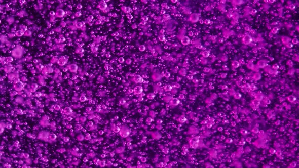 Super slow motion detail shot of air bubbles. Macro shot of fine Bubbles rising In violet liquid.